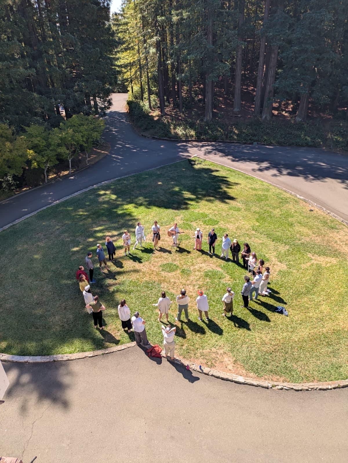 Retreat participants standing in a circle on a lawn among redwoods